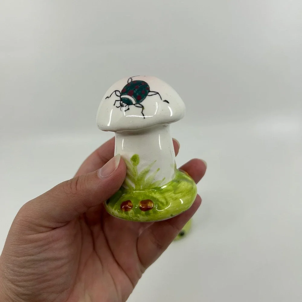Vintage Mushroom Japan Ceramic Salt & Pepper Shakers Bug Whimsical Forest Decor